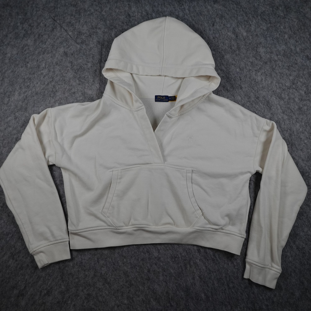 Polo Ralph Lauren Hoodie Women Medium Cream V Neck Cropped Pullover Sweatshirt